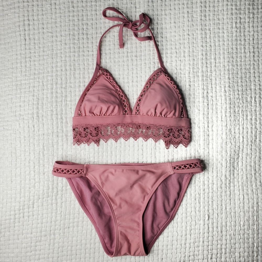 Xhilaration Mauve Lace Triangle Bikini Top and Bikini Bottoms Set XSMALL/MEDIUM